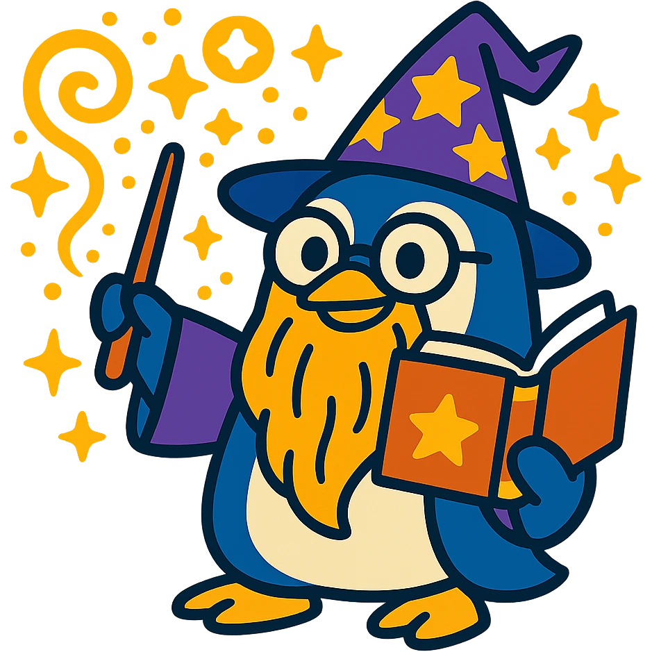 cartoon penguin wizard with glasses, a long beard, and a spellbook, surrounded by magical effects emoji