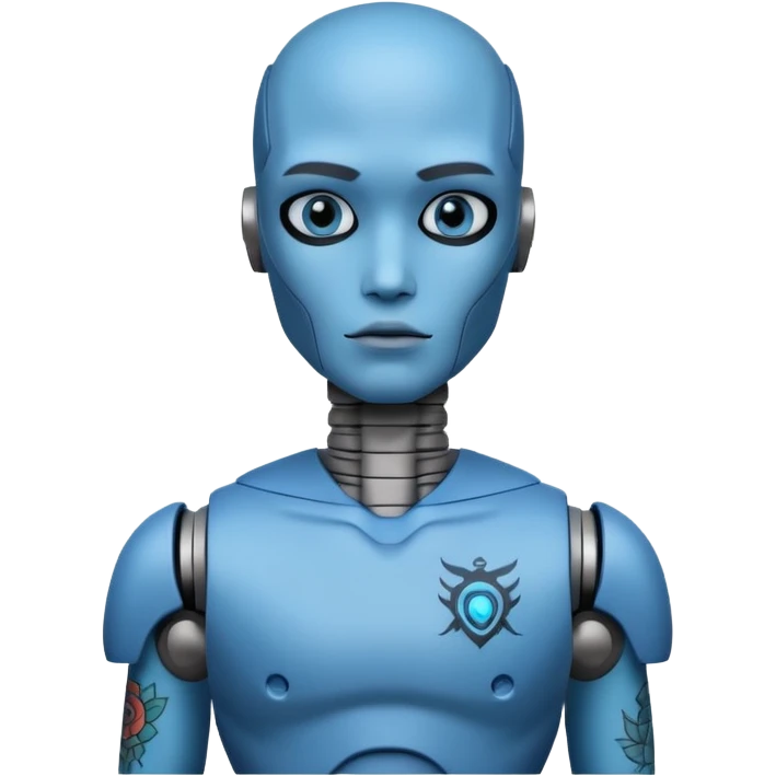 blue Tatooed robot, big many tatooes on chest, neck and face, tatoo on face emoji