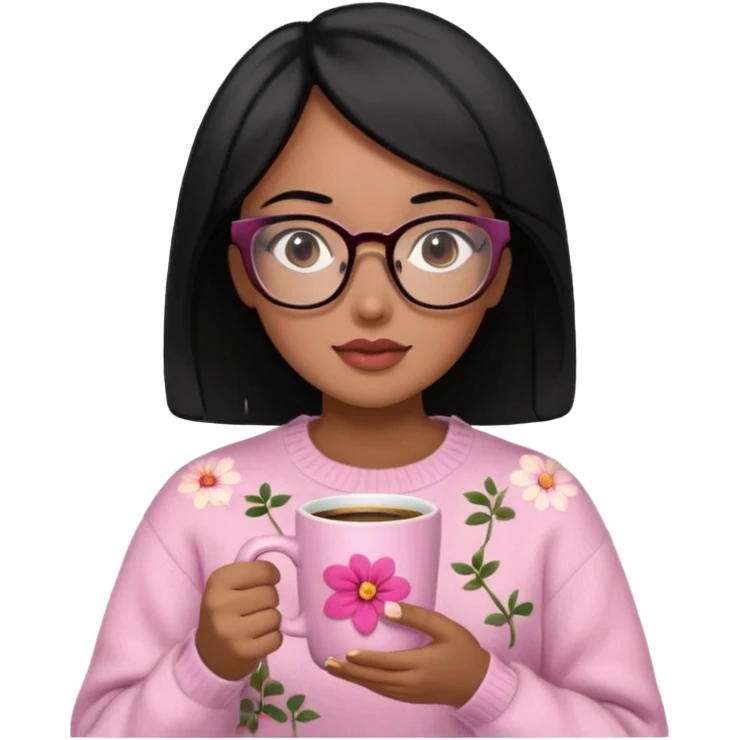 Chica de pelo negro ojos negros y piel morena con lentes oversize square GAFAS DE LEER BIEN GRANDES , en la mano derecha una taza de cafe en color rosa con una flor negra de diseno. Sentada mirando un drama koreano en la television.  emoji