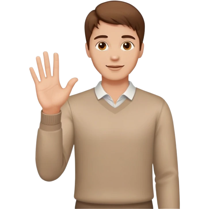 attractive man with brown hair, welcoming gesture with one hand emoji