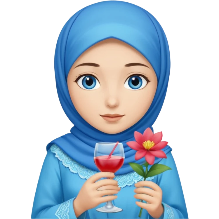 Turkish beautiful finish Konya girl blue eyes with blue hijab islamic dress and had on her hand flower mocktail emoji