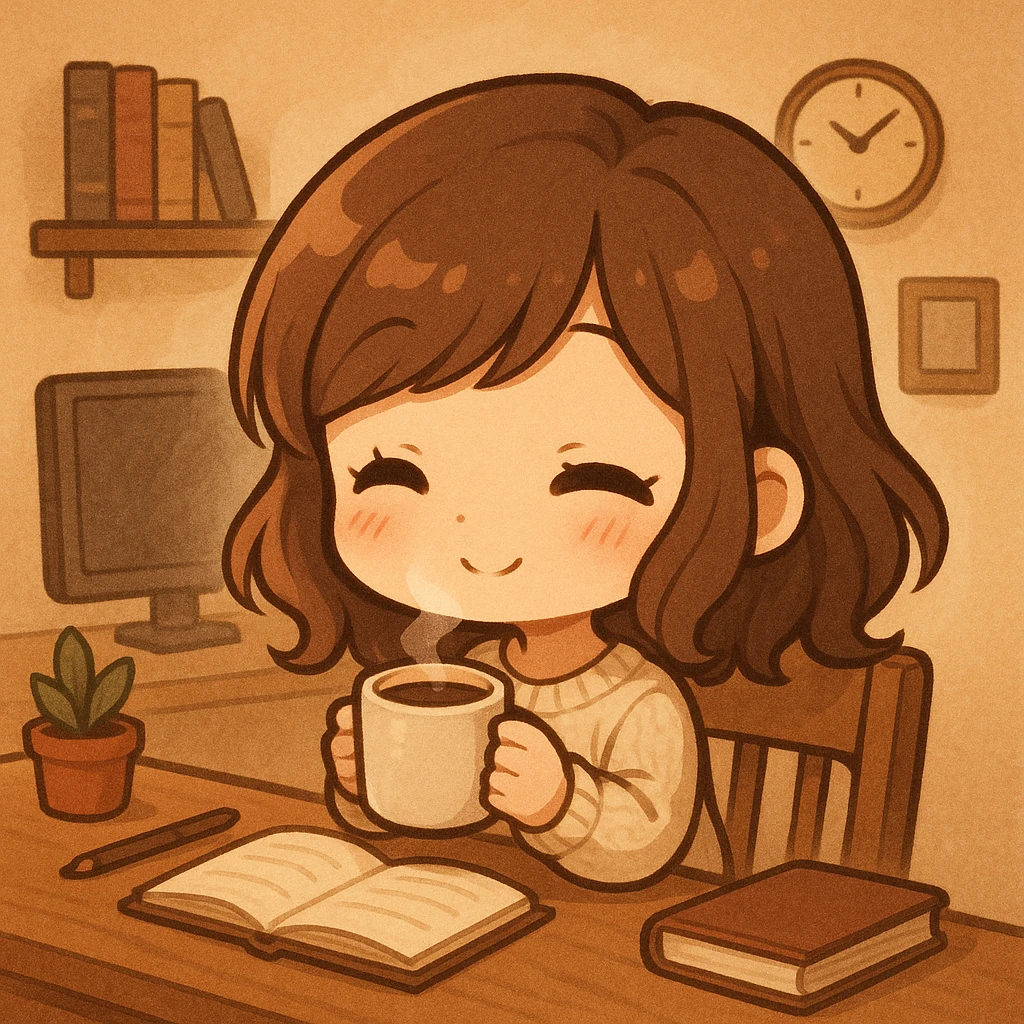 chibi style, girl at desk, holding coffee cup, warm atmosphere emoji