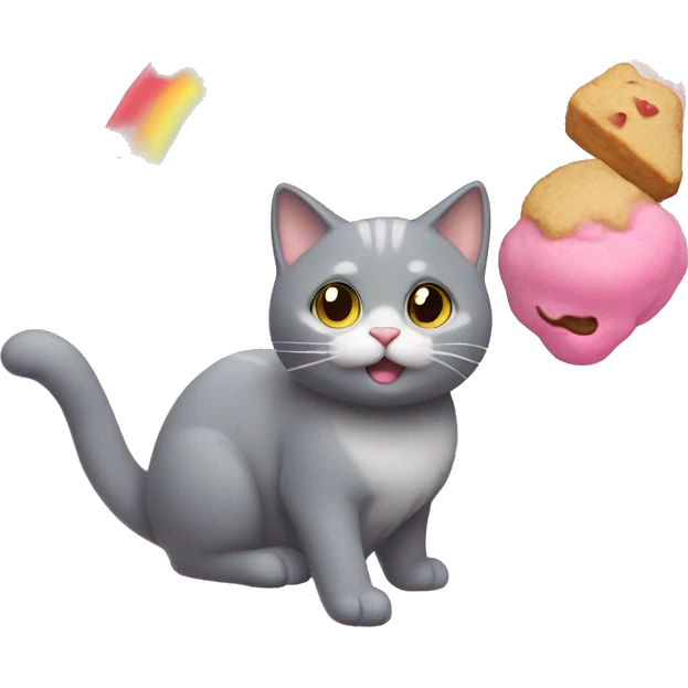 A gray cat with a happy face. Its body is a pink frosted cookie with paws sticking out. A rainbow trail follows behind, showing it's flying through space emoji