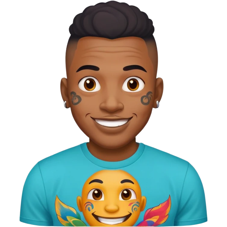 black man with bold face tattoos, happy face, wearing a colorful t-shirt emoji