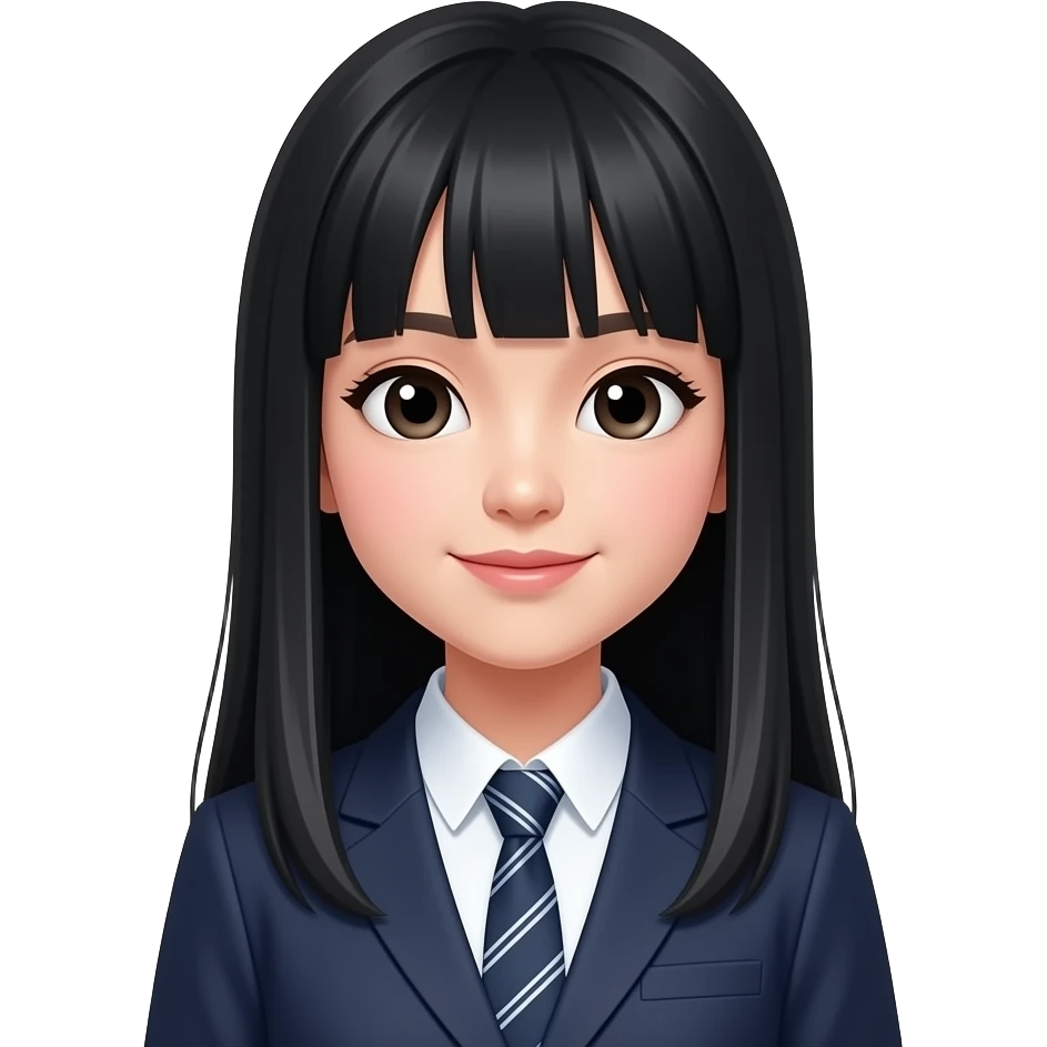 trendy schoolgirl with Asian skin, straight black long hair, chic uniform, speach bubble emoji