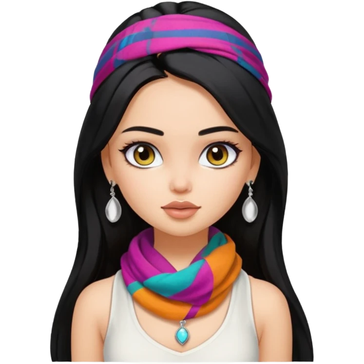 a pretty bratz girl with long black hair, kajal under eyes, small silver jhumkas. White tank top on. Colourful scarf around neck emoji