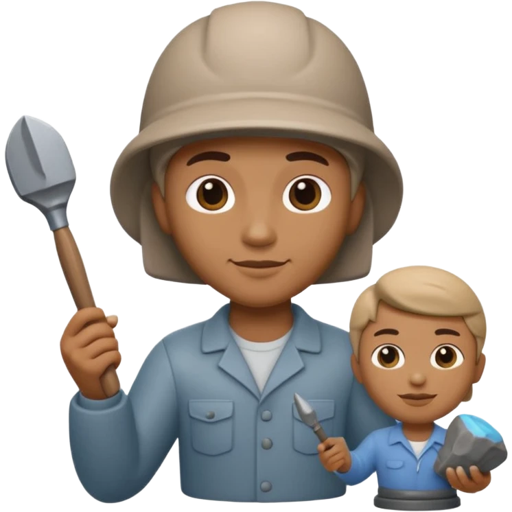 Apple Memoji-style 3D emoji of a sculptor with a small statue and chisel, smooth gradients, rounded edges, no background.during sculpting rock emoji