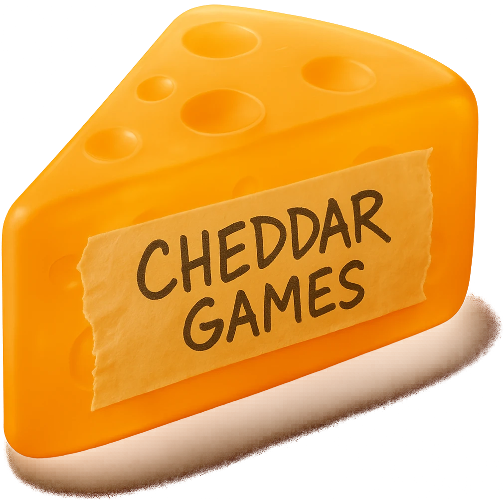 Add a piece of torn tape to the side of the cheese wedge that says 'Cheddar Games' in messy Sharpie handwriting. Keep the cheese wedge exactly the same style: hyper-realistic, glowing, retro semi-transparent plastic. No sticker effect or style change to the cheese wedge. The style is hyper-realistic, glowing, retro semi-transparent plastic with no background. emoji