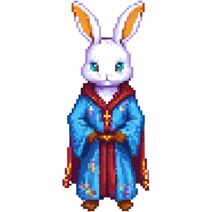 adolescent wizard bunny wearing a flowing robe, pixel art style emoji