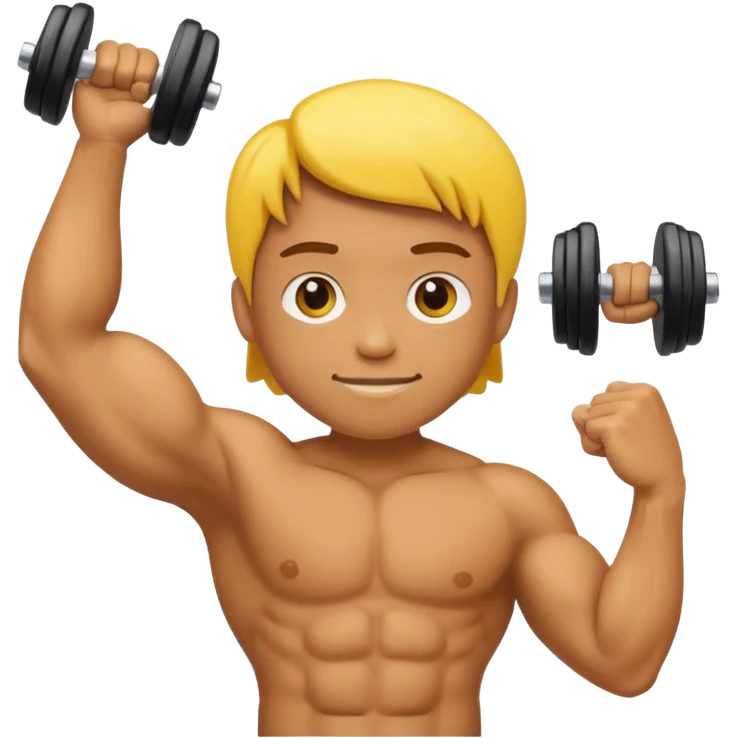 A bold, expressive emoji-style character flexing his bicep while holding a dumbbell in one hand. Bright colors, simple features, rounded edges, and a friendly, energetic look. emoji