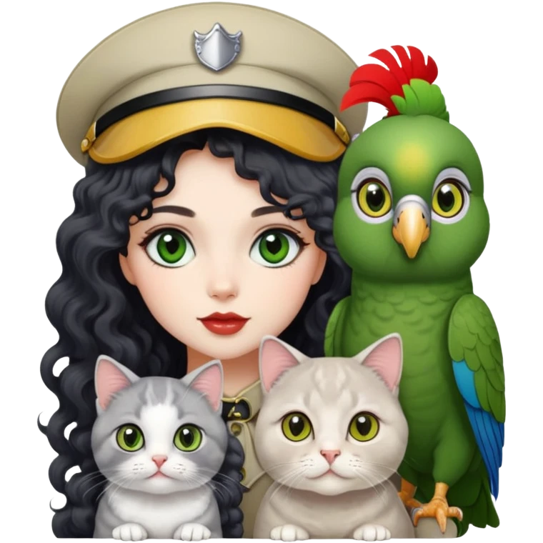 Girl with long black curly hair green hazel eyes white skin big lips big eyes with 2 cats one gray Scottish fold and one beige shiraz with big hair and one Casco parrot emoji