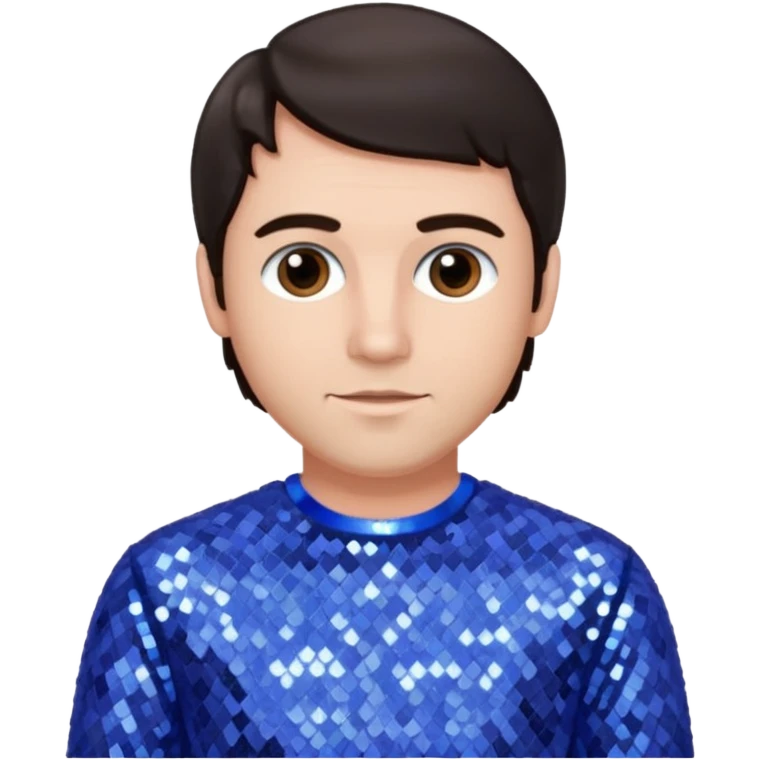 Jeff McCracken with dark brown hair, periwinkle sequin outfit emoji