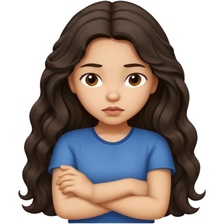 Hispanic girl with long dark wavy hair crossing her arms and slightly pouting emoji