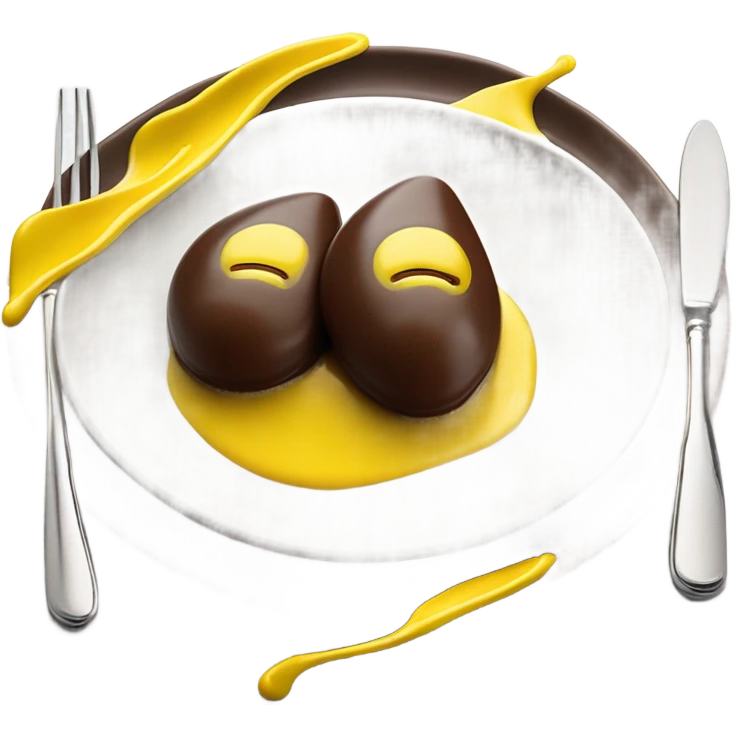 1 Chocolate quenelle and 1 vanilla quenelle on a fine dining glass plate with 3 small drops of yellow sauce as decoration emoji