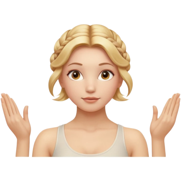 Cinematic Realistic Yoga Girl Portrait, depicted with lifelike skin texture, subtle rosy undertones, and soft natural lighting that enhances the gentle contours of her face. Her intricately detailed golden blonde hair is elegantly styled in an updo, emoji