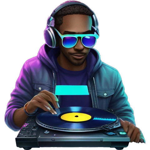 A dj wearing sunglasses playing music holding a cd record record, vinyl, oilslick holographic blacklight inverted graffiti dark dull emoji