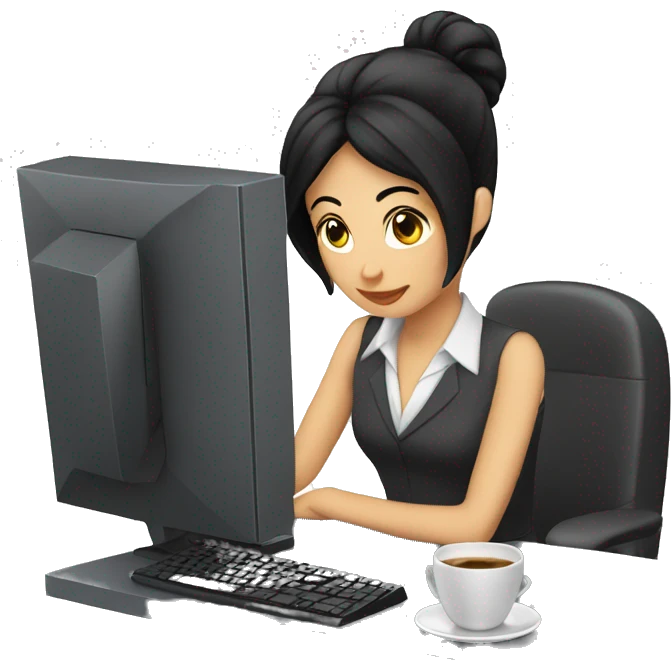 Secretary black hair computer and drinking coffee emoji