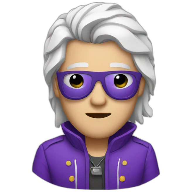 a men with a band on his eyes with white hair and a purple jacket emoji