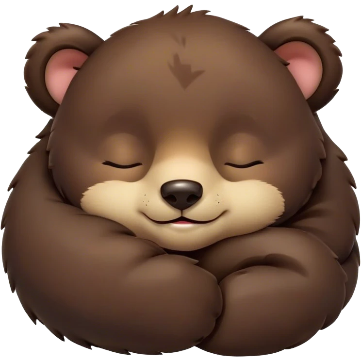 Meme-Worthy Cute Sleeping bear cub Portrait Emoji, Head resting peacefully with a contented smile, showcasing a massive, robust build and a luxuriously soft dark brown fur, eyes shut in a serene, restful nap, Simplified yet hilariously adorable features, highly detailed, glowing with a soft, drowsy light, high shine, relaxed and utterly lovable, stylized with an air of playful laziness, bright and heartwarming, soft glowing outline, capturing the essence of a comically sleepy bear cub, so meme-worthy it feels like it could instantly become the next viral sensation of adorable slumber! emoji