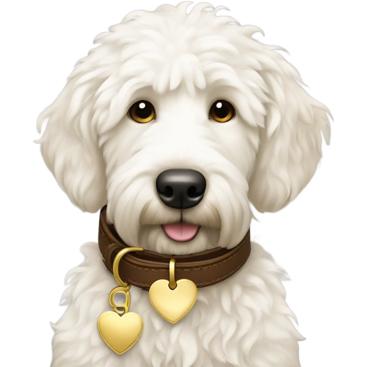White golden doodle dog brown leather collar with a gold heart tag emoji