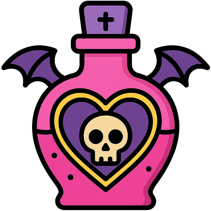 pink goth potion bottle, detailed and vibrant, color outline style emoji