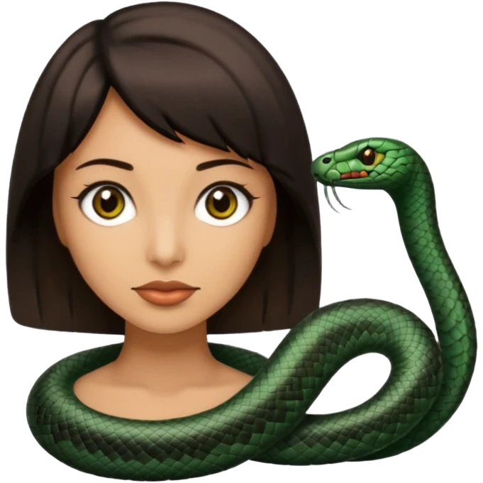 Femme brune yeux marron avec une coupe carré noir , femme couleur de peau typé, avec un cobra a côté , emoji