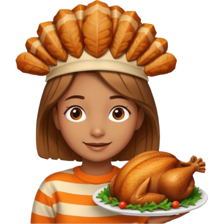 happy tan girl with an orange striped sweater and a cooked browned turkey on her head  emoji