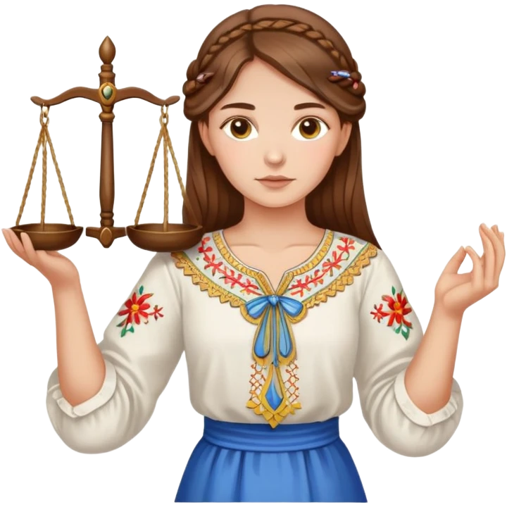 Ukrainian girl with brown hair wearing traditional embroidered shirt (vyshyvanka) holding scales of justice in her hand emoji