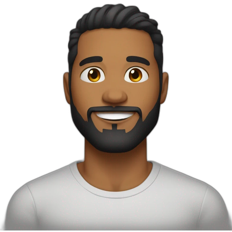 caramel brown skin male, black hair with a skin fade haircut, good beard, white teeth, black t shirt approximately 32 years old, good beard, chest up, confident emoji