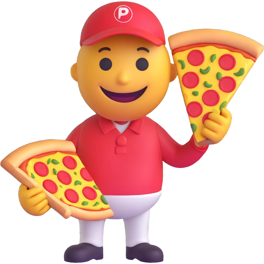 3D smiley emoji, round shape, pizza delivery person with a funny face, holding a pizza slice, transparent background emoji