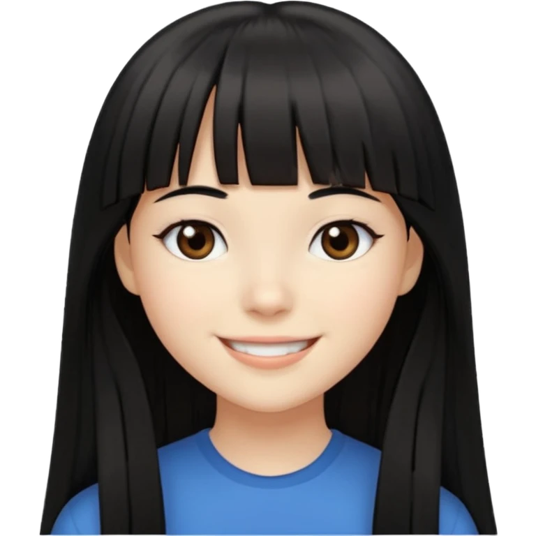 Girl with fair skintone, long straight black hair with bangs, and dark brown eyes, smiling, emoji
