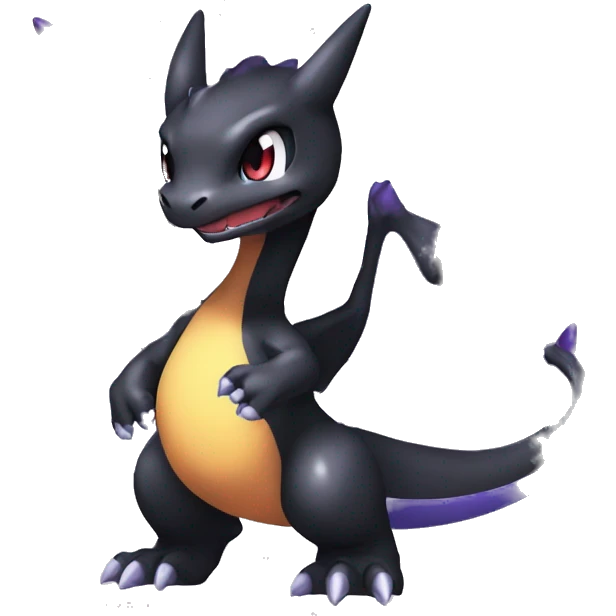 Black shiny chibi Mega-Charizard-X-Raptor-Fakémon with purple full body emoji