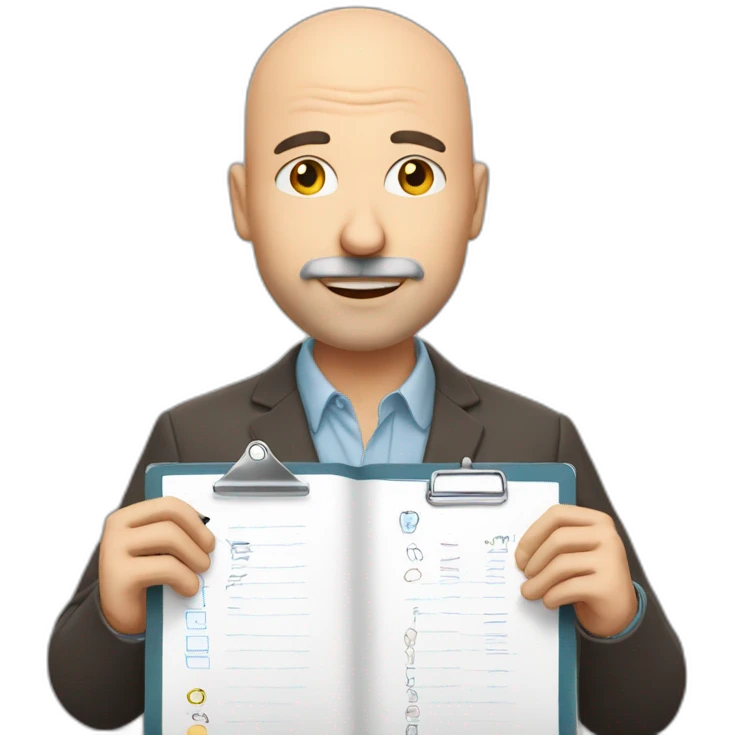 middleage bald male white with some facial hair holding checklist with a pen emoji
