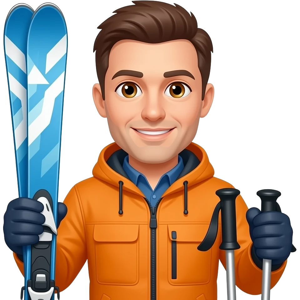 man holding blue and white patterned skis in one hand and poles in the other, no beard, no helment, hazel eyes, organge jacket, emoji