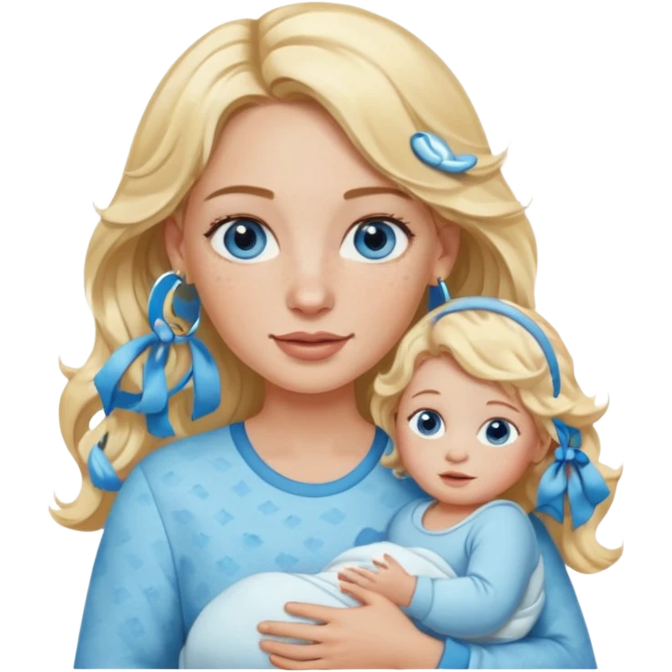 Wavy blonde, white woman with blue eyes, freckles hoop earrings, holding babies emoji