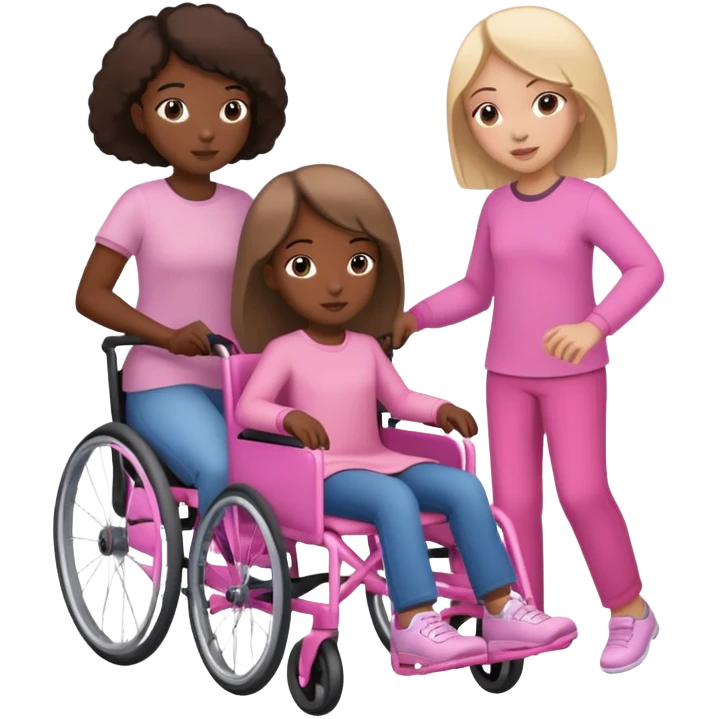 One dark skinned sister and one light skinned sister pushing her light brown sister in a pink wheelchair emoji