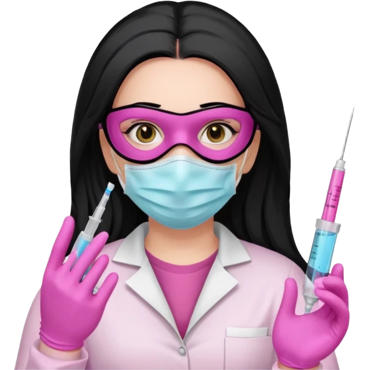 laboratorista con guantes rosa y mascarilla rosa  jeringa tubos  pelo negro largo triguella sin lentes pelo lacio negro y largo  emoji