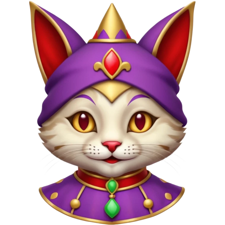 crazy colorful cute little cat jolly joker from poker, medieval, vintage, court jester, mac os icon, purple and red color, gold inserts, half body emoji
