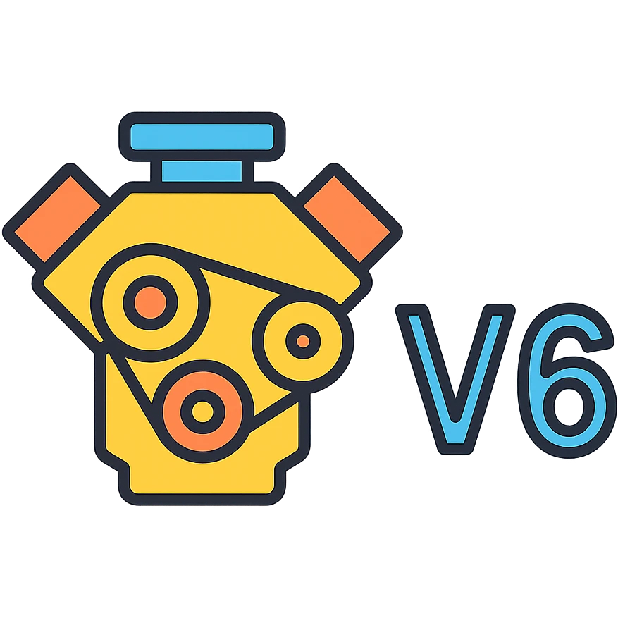 6-cylinder engine icon with clear and bold 'V6' text next to it, suitable for an icon, no background, clean lines, modern style emoji