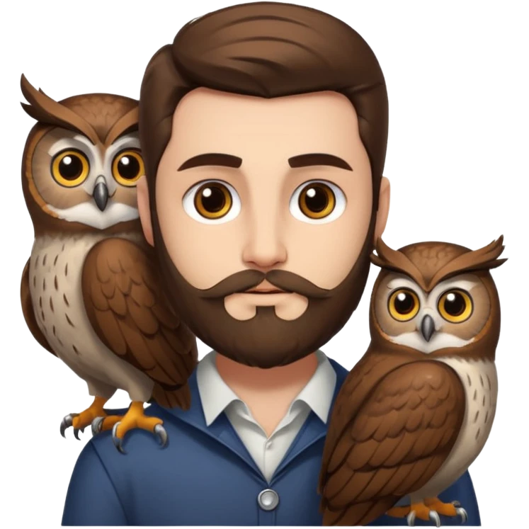 portrait man long brown hair brown eyes medium beard white skin with owl perched on shoulder emoji