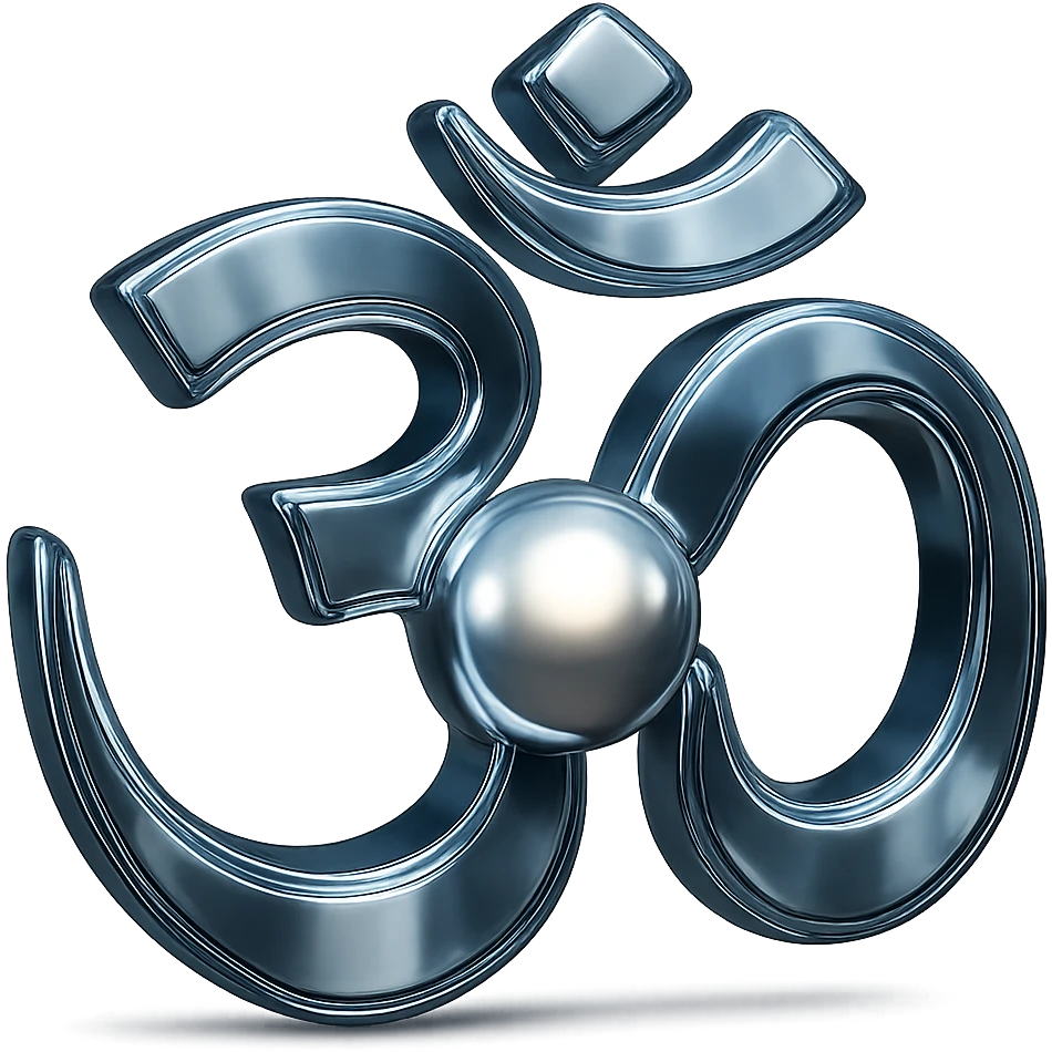 Place a glowing chrome sphere in the center of the Om symbol, keep the style futuristic and polished, with no background. emoji