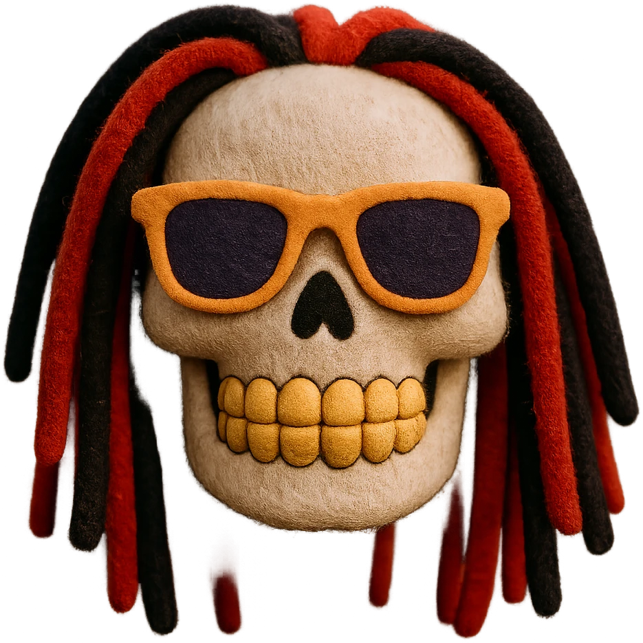 Edit the 3D cartoon skull style image with gold teeth and sunglasses, no beard, no tattoo on forehead. Change the dreadlocks to red and black. Remove the background. emoji