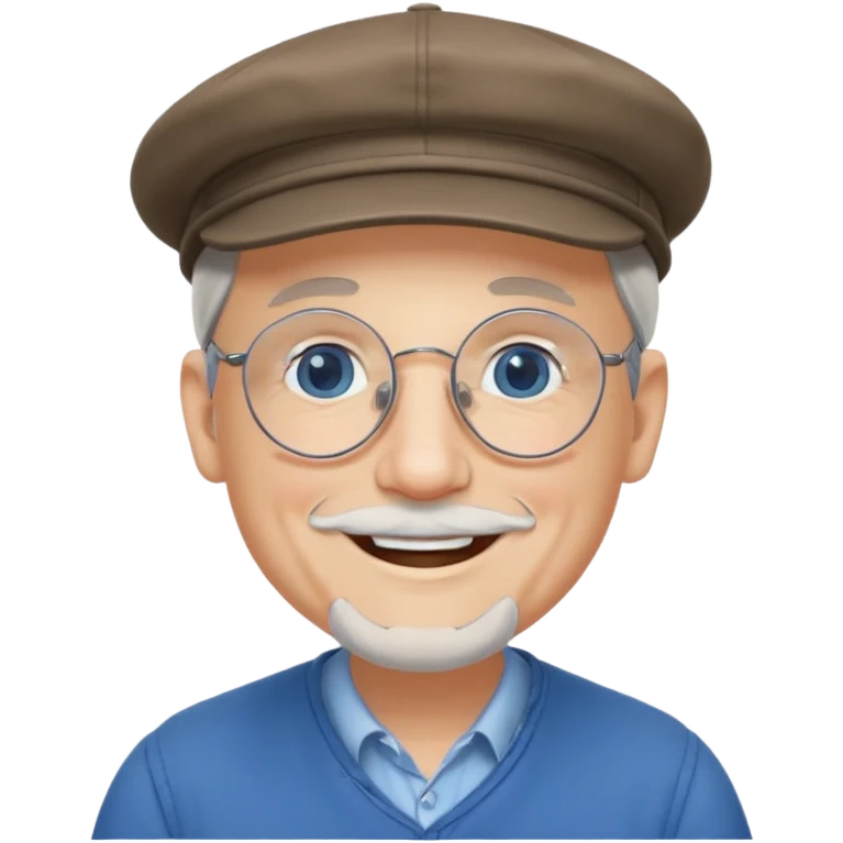 Older cute white male, flat cap, wire rim glasses, smile with dimplegoatee blue eyes grey goatee emoji