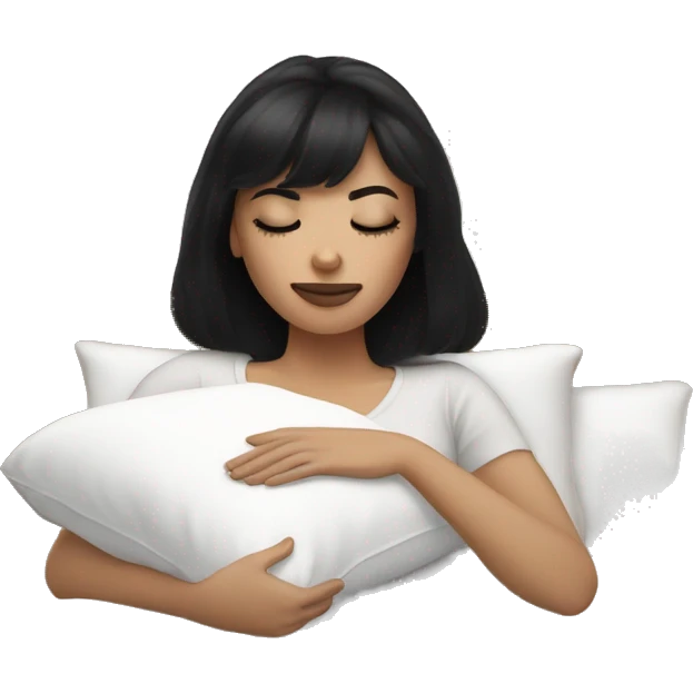 Woman pale skin black hair with bangs sleeping in bed with pillow, white woman emoji