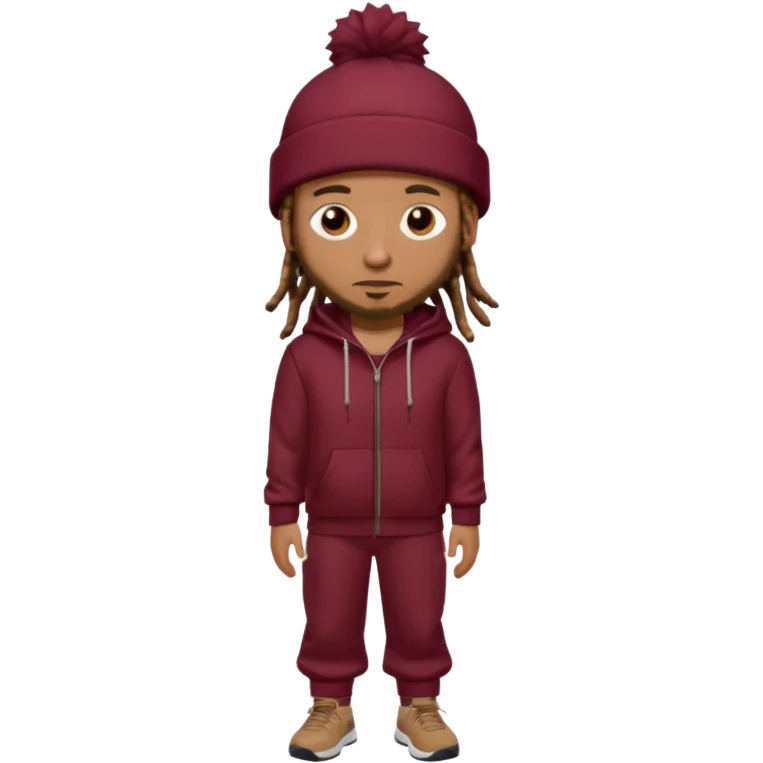 Animate a caramel skinned male with brown dreads and a tan colored  beanie. Wearing a burgundy tracksuit on with no beard  emoji