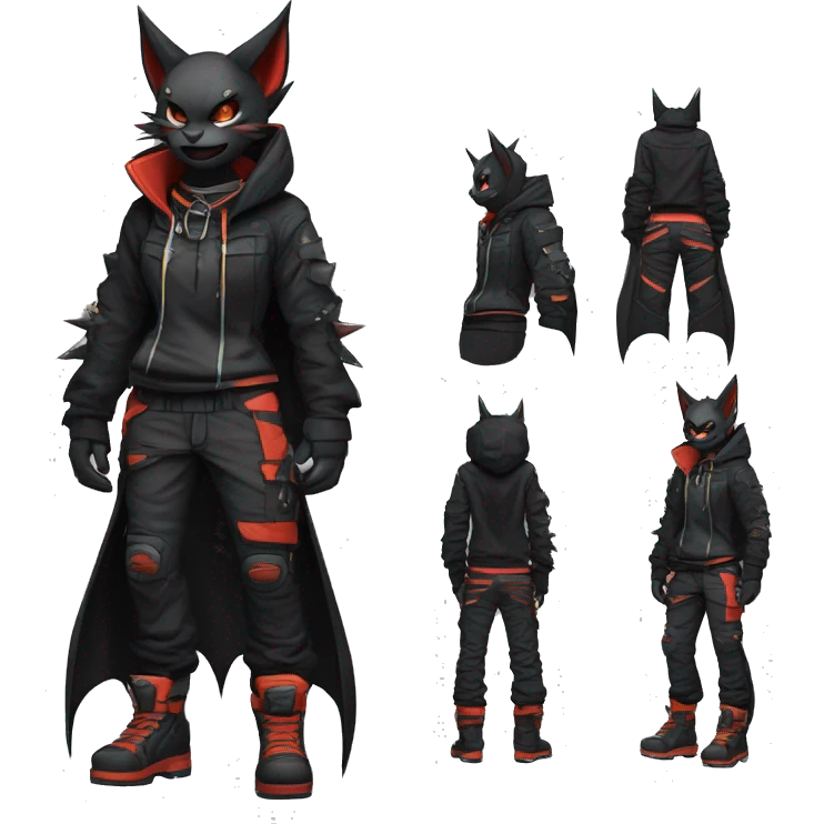 Cool Anthro Black Bat-Nargacuga-Litten-Lynx-Pokémon with edgy stripes hoodie spiked collar punk techwear Cargo Pants Full Body emoji