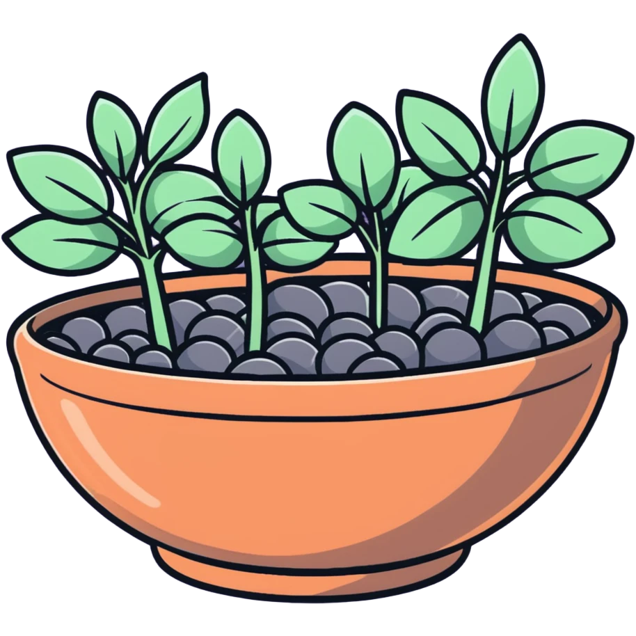 Shallow ceramic dish garden with Plectranthus Verticillatus sprouts featuring circular penny-shaped leaves arranged with decorative stones emoji