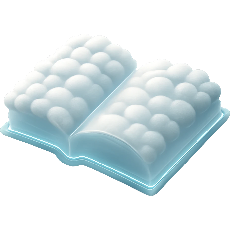 top view of a thick open book made entirely of small, very bright white fluffy convex clouds, matte glass style emoji