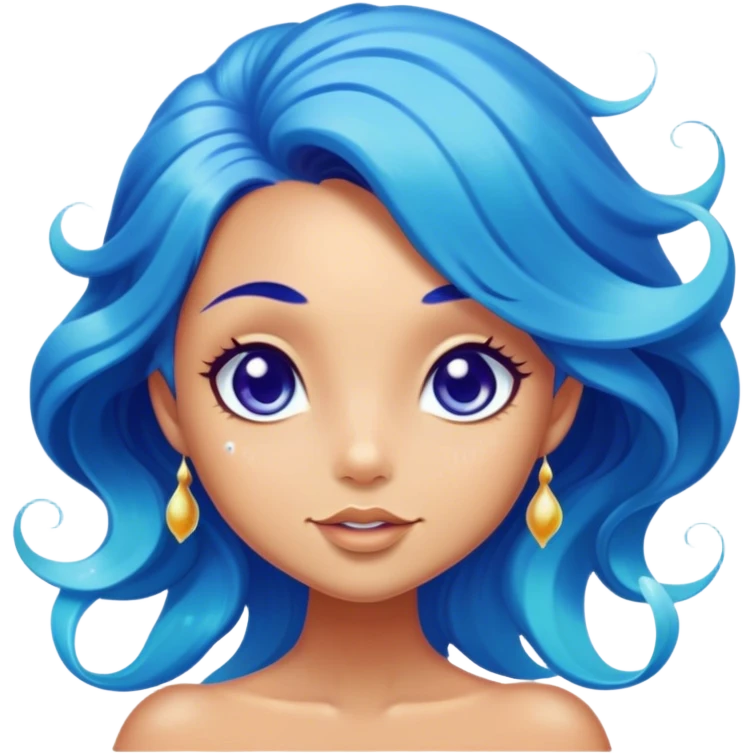 Cinematic Realistic Blue Hair Mermaid Portrait, head tilted playfully and inquisitively, showcasing a delicate, tropical form with finely detailed, flowing blue hair contrasting beautifully against her sun-kissed tanned skin. Her bright, curious eyes sparkle like sea gems under warm filtered light, rendered with lifelike clarity and soft underwater illumination—capturing the essence of a spirited mermaid poised to dance playfully amidst coral reefs. emoji
