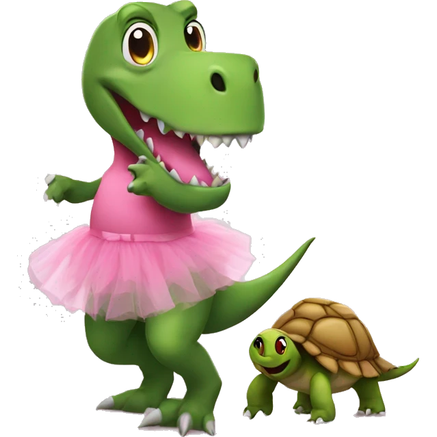 dinosaur wearing a pink tutu while holding a turtle emoji